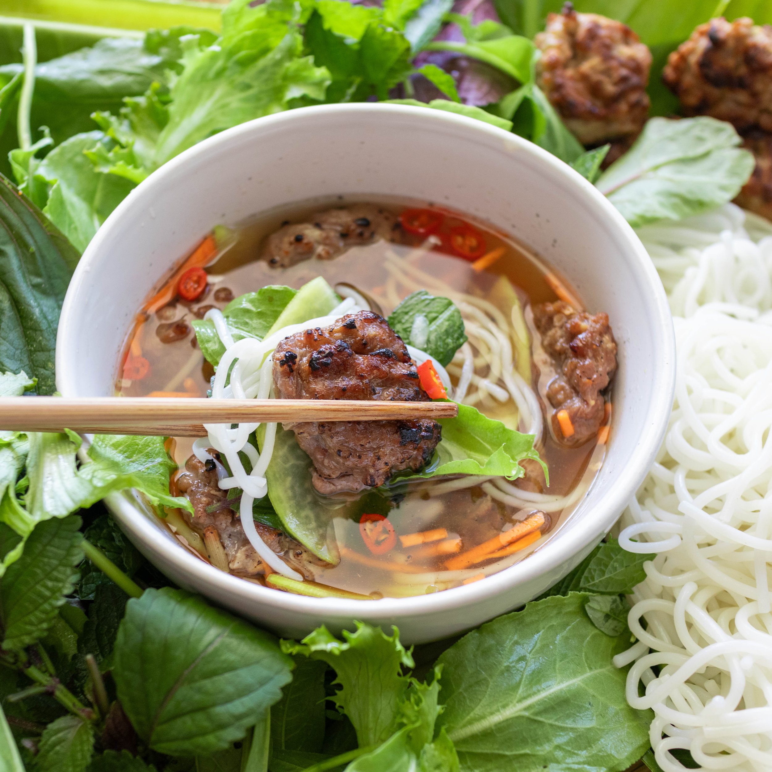 Northern Vietnam Vermicelli Noodles with Grilled Pork Meatballs (Bún Chả Hanoi)