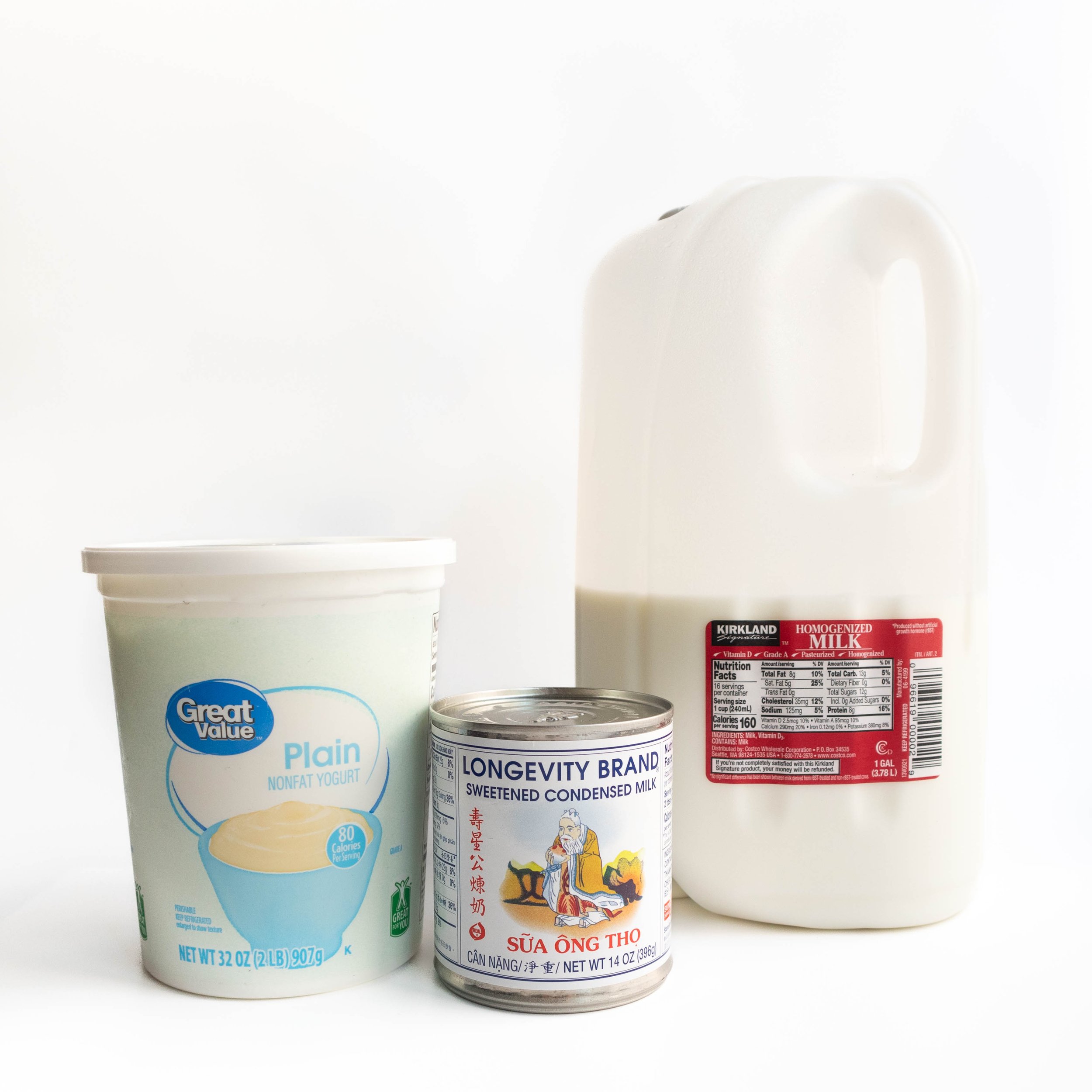 What you will need to make Vietnamese yogurt: plain yogurt, sweetened condensed milk and whole milk