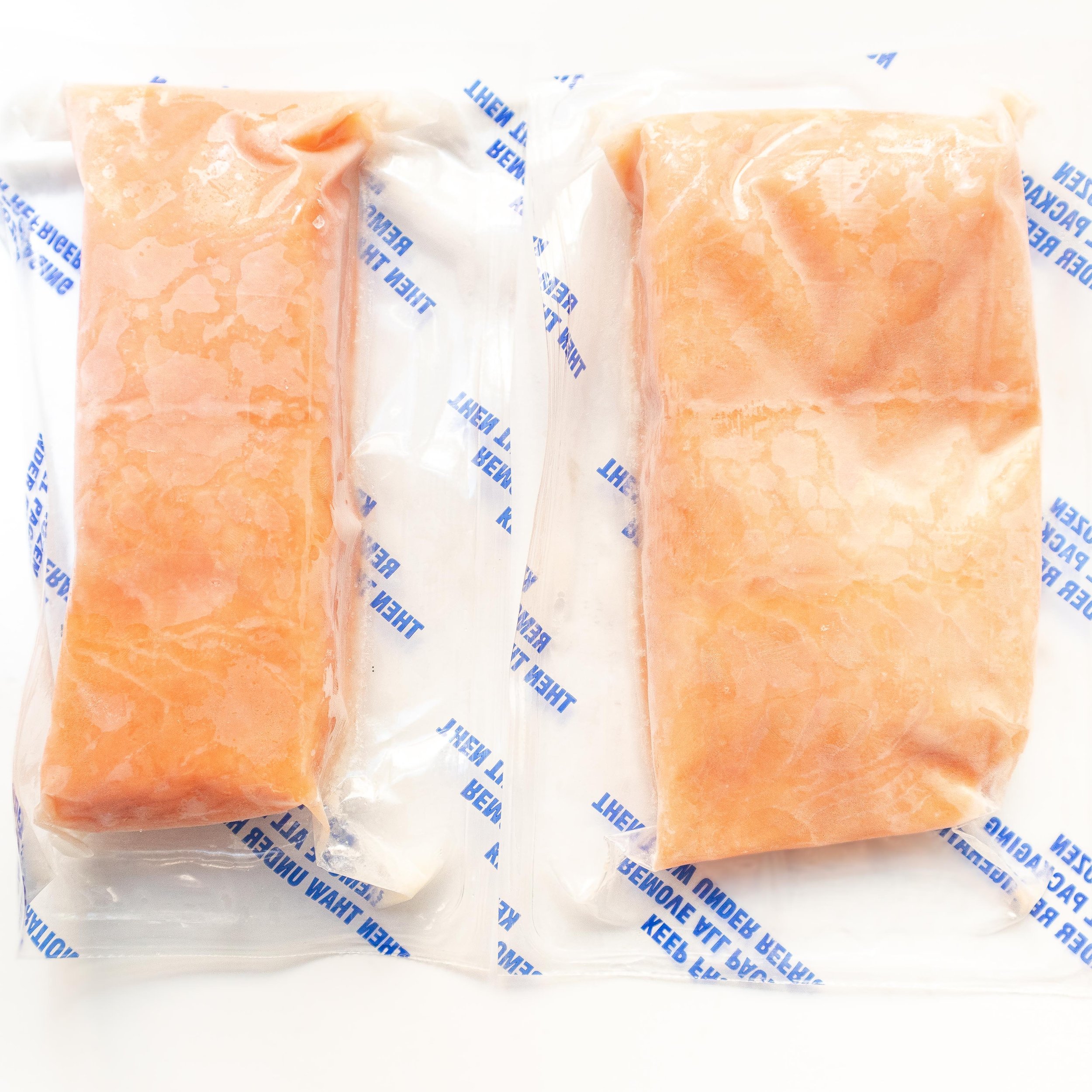Costco frozen salmon fillets. Each one is about 7-8 oz. For this recipe, I’m using two. To defrost quickly, drop these bags into warm water. Leave as is for the soup or cut into cubes for a shorter cooking time.