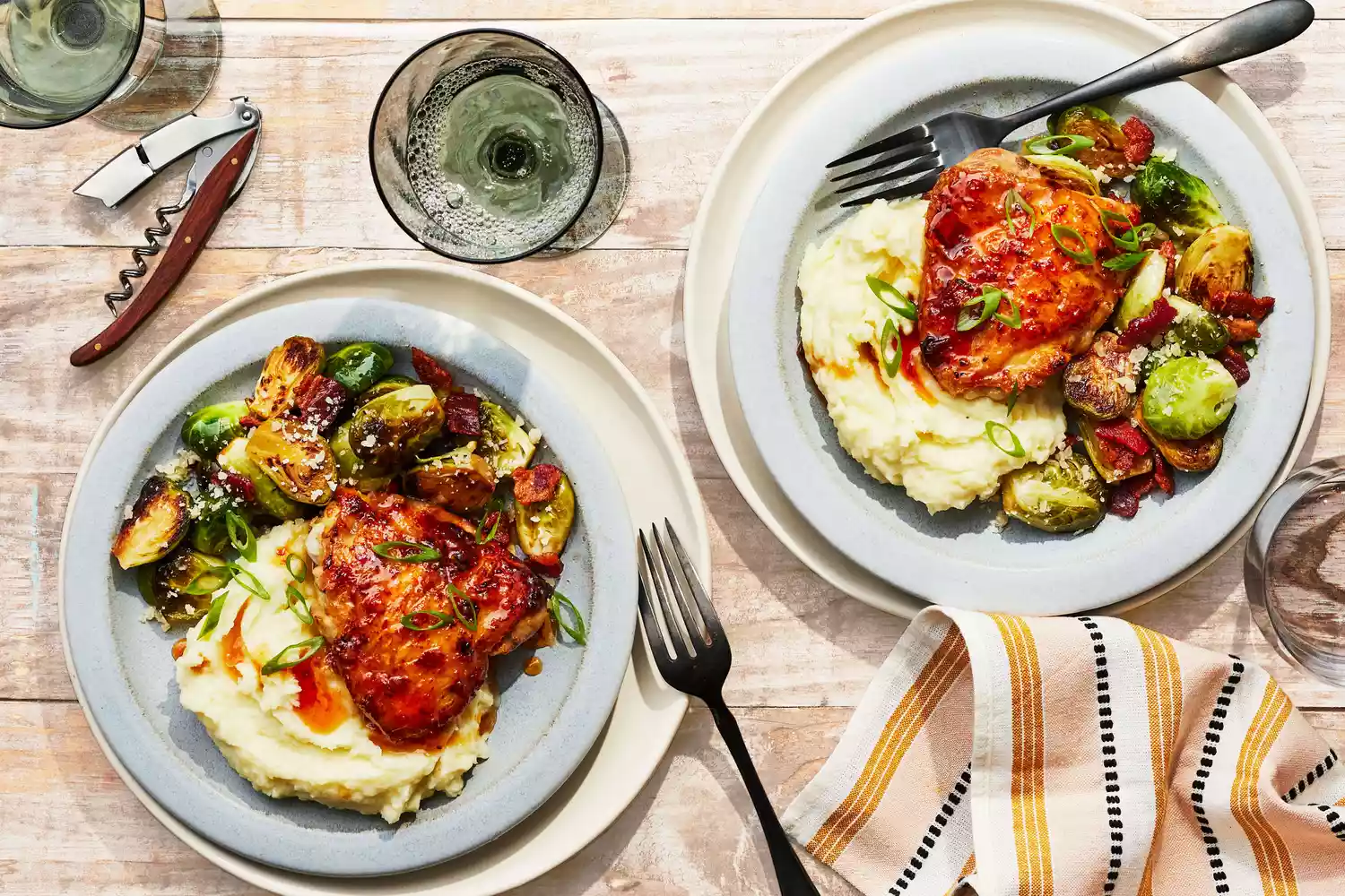 honey garlic chicken and mashed potatoes with brussels sprouts