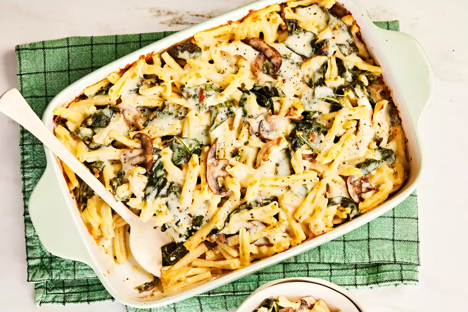 Southern Living Creamy Turkey Pasta Bake in the baking dish to serve