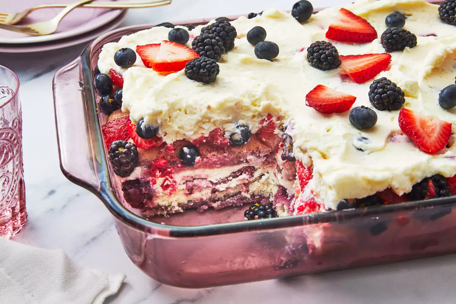 Southern Living Berry Tiramisu topped with fresh berries